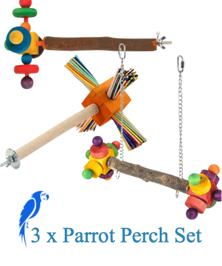 Parrot-Supplies 3 X Wooden Parrot Perch & Swing Set 